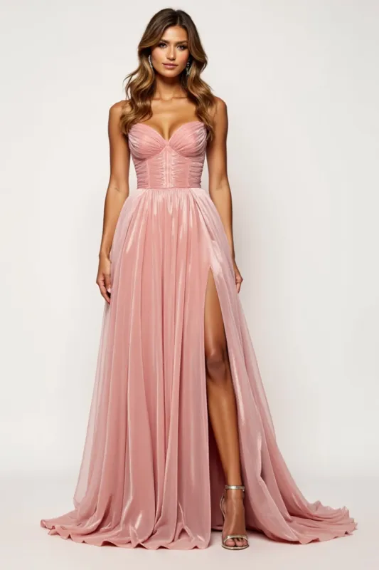 Glitter Fabric Blush Pink A Line Strapless Prom Dress with Slit sold by Zapaka