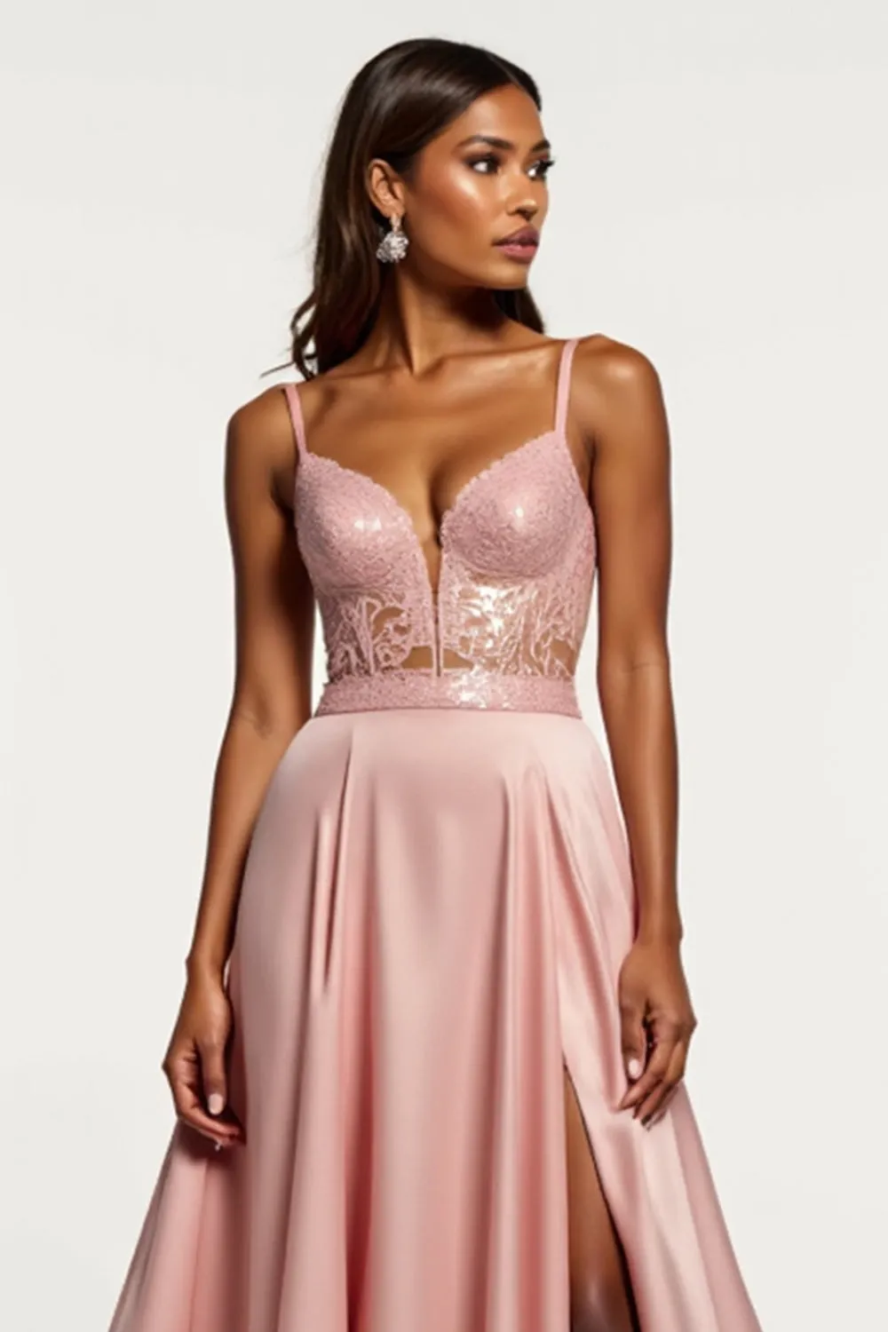 Lace Dusty Rose Satin Spaghetti Straps A Line Prom Dress with Slit sold by Zapaka product image thumbnail 3
