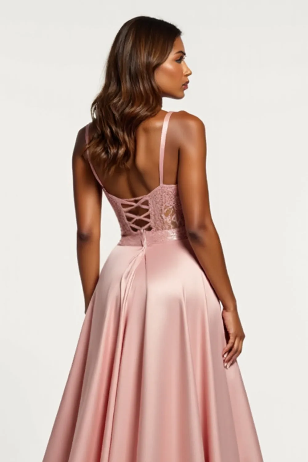 Lace Dusty Rose Satin Spaghetti Straps A Line Prom Dress with Slit sold by Zapaka product image thumbnail 4