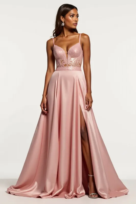 Lace Dusty Rose Satin Spaghetti Straps A Line Prom Dress with Slit made by Zapaka