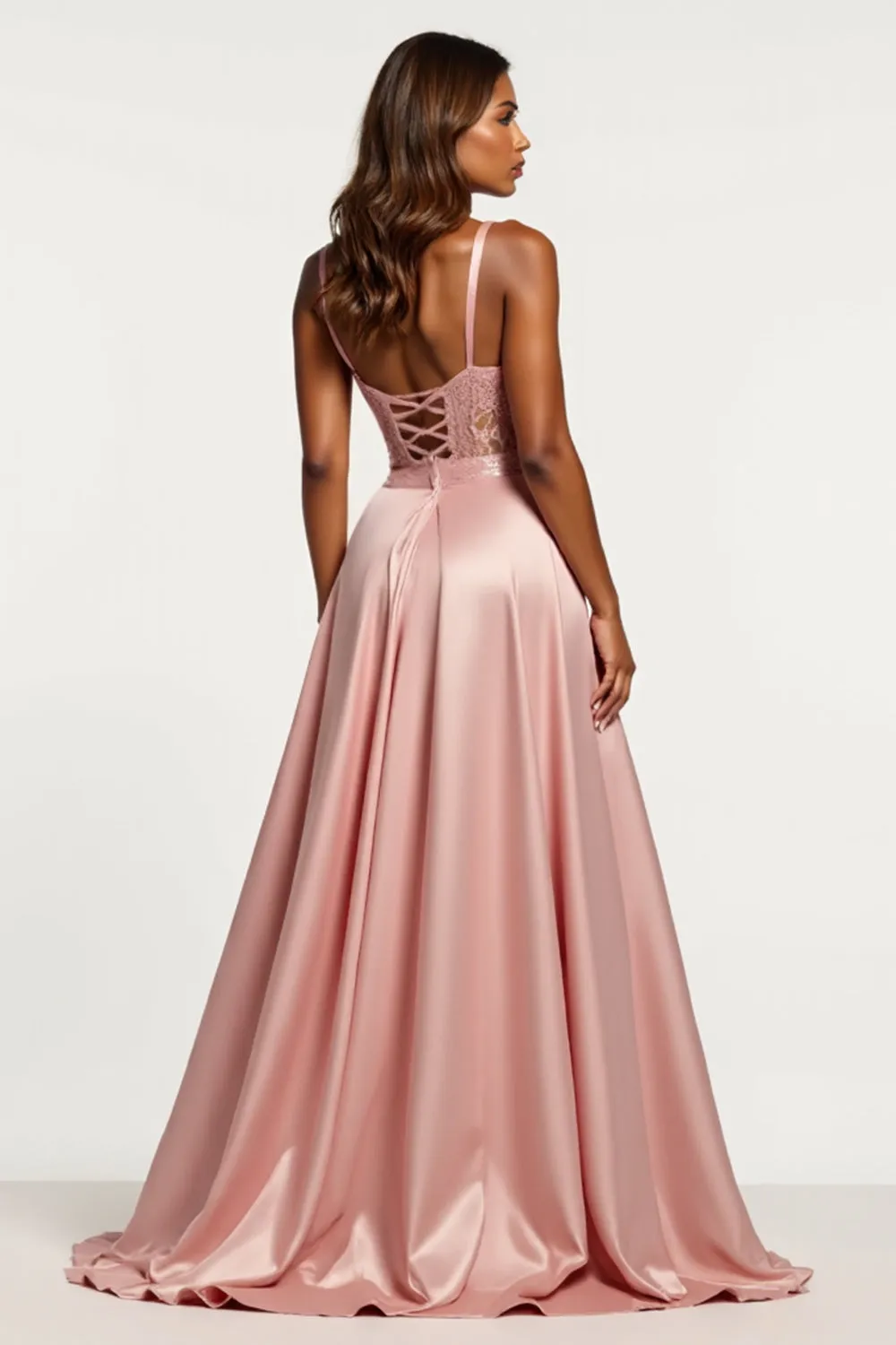 Lace Dusty Rose Satin Spaghetti Straps A Line Prom Dress with Slit sold by Zapaka product image thumbnail 2