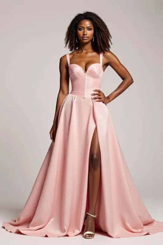 Blush Pink A-Line Spaghetti Straps Ruched Long Prom Dress with Slit sold by Zapaka