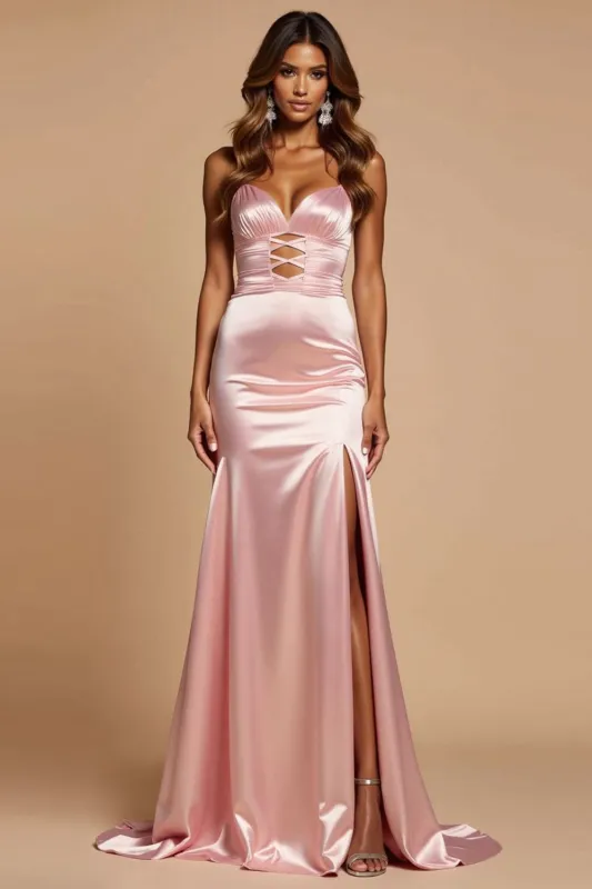 Blush Pink Mermaid Spaghetti Straps Satin Long Prom Dress with Slit sold by Zapaka