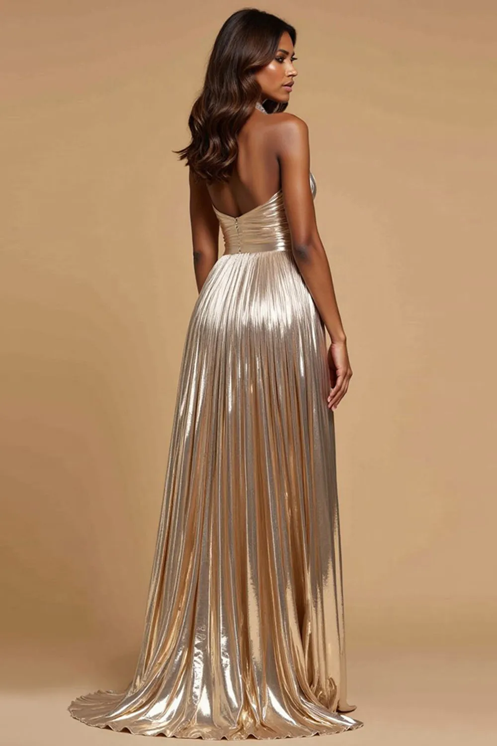 Metallic Golden A-Line Halter Pleating Long Prom Dress wit Slit sold by Zapaka product image thumbnail 2