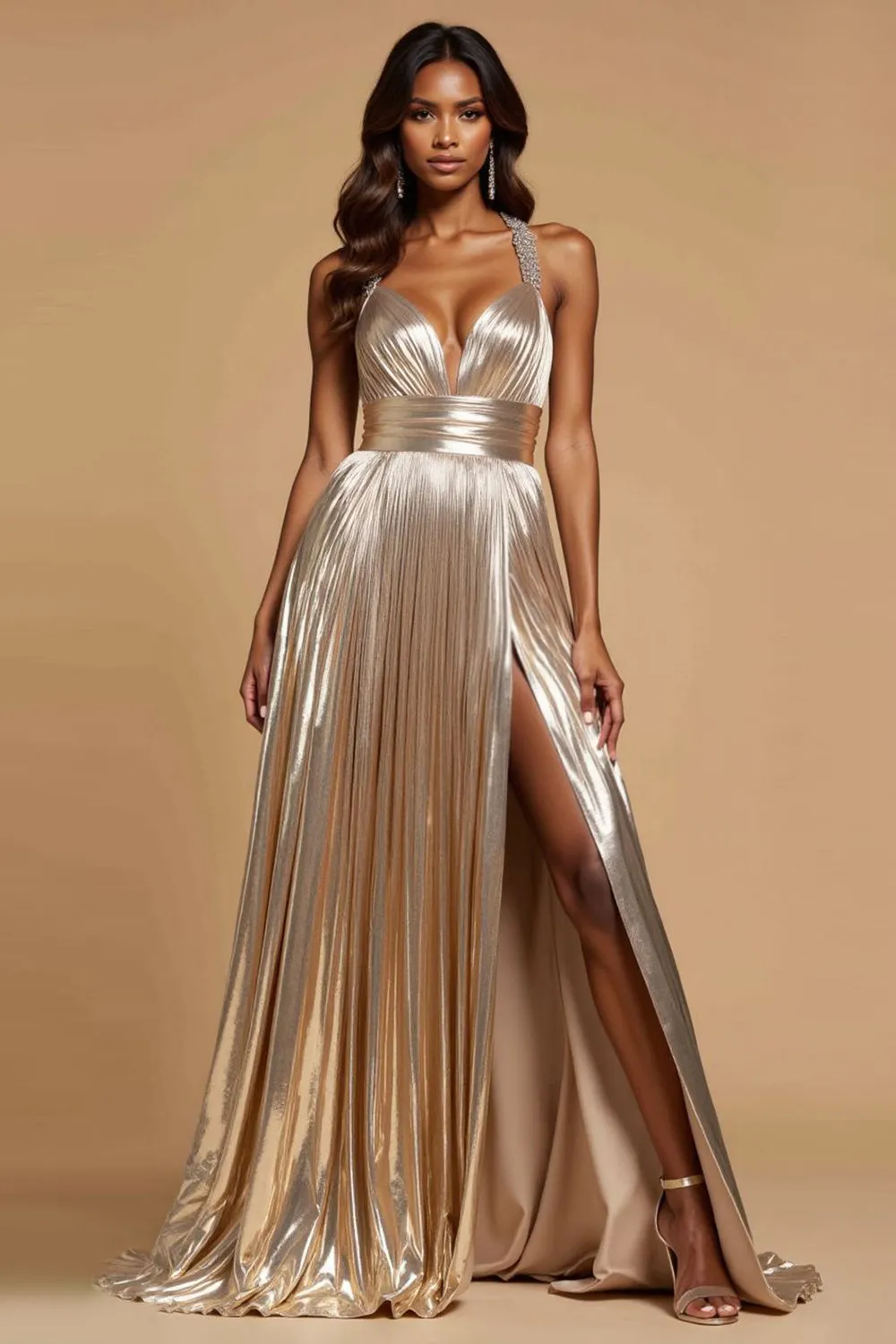 Metallic Golden A-Line Halter Pleating Long Prom Dress wit Slit sold by Zapaka