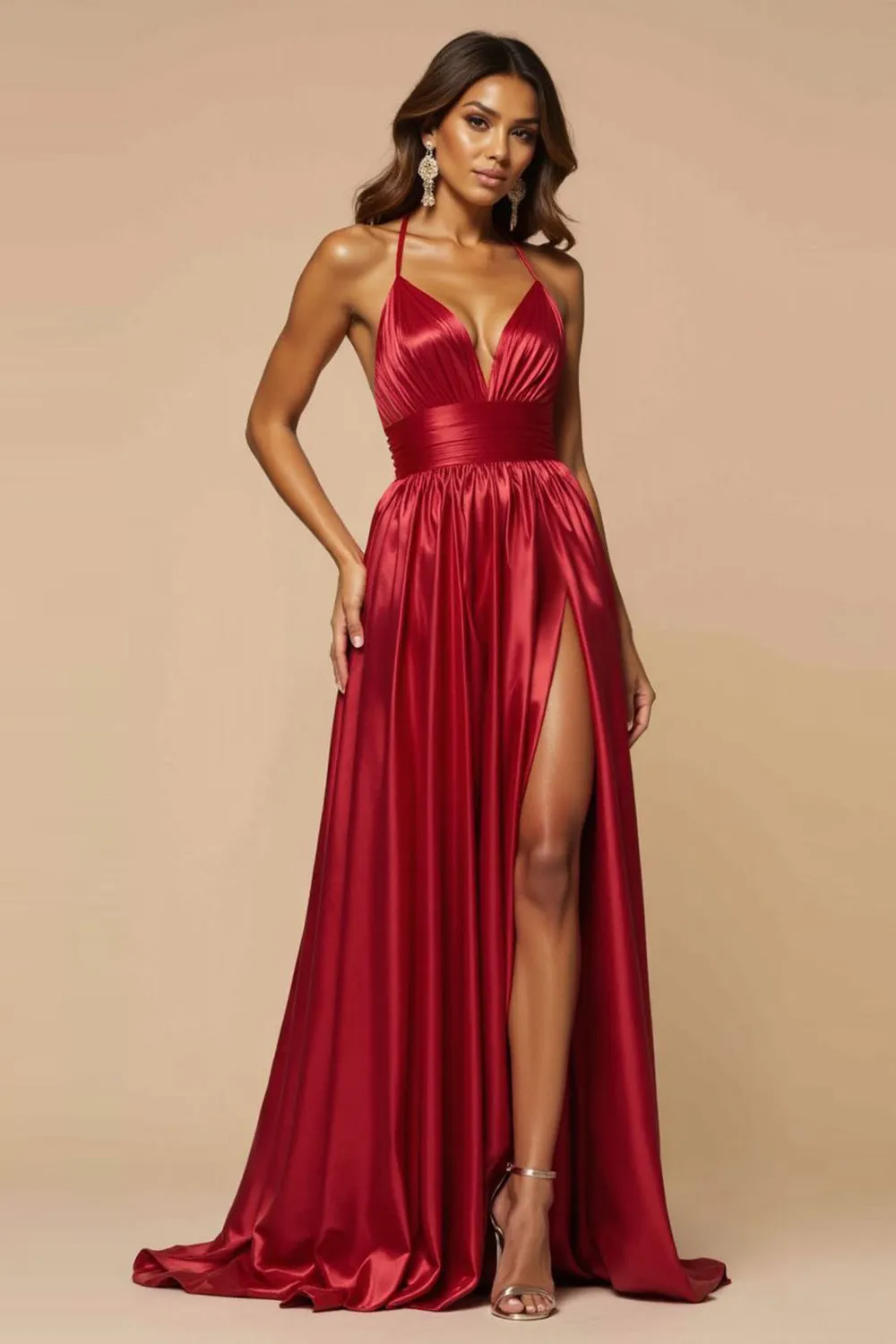 Dark Red A-Line Spaghetti Straps Pleated Satin Long Prom Dress with Slit sold by Zapaka product image thumbnail 3