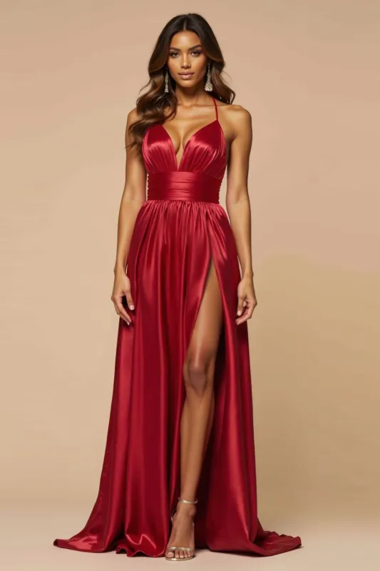 Dark Red A-Line Spaghetti Straps Pleated Satin Long Prom Dress with Slit sold by Zapaka