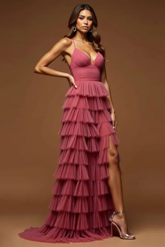 Desert Rose A-Line Spaghetti Straps Ruffles Tulle Long Prom Dress with Slit sold by Zapaka