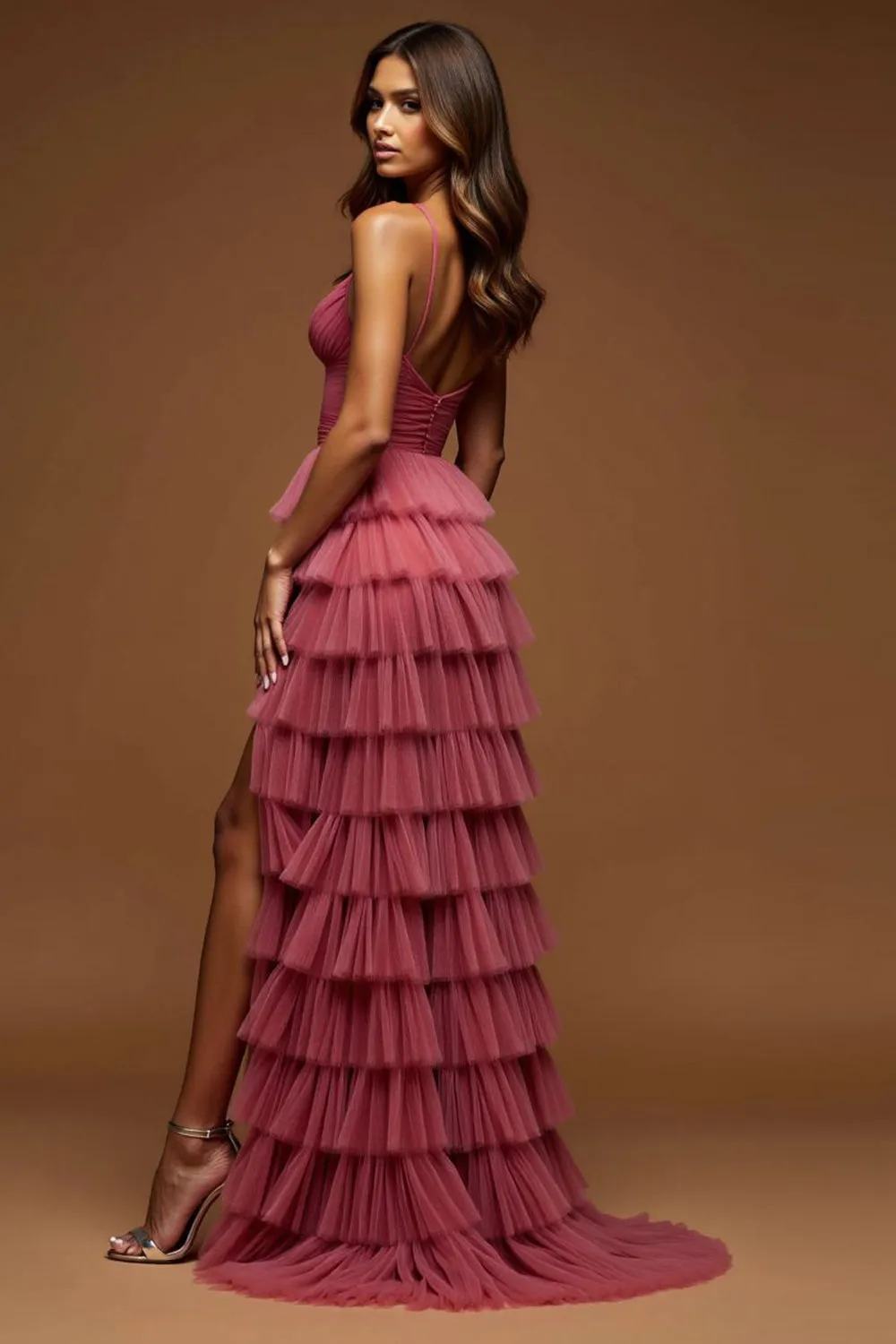 Desert Rose A-Line Spaghetti Straps Ruffles Tulle Long Prom Dress with Slit sold by Zapaka product image thumbnail 2