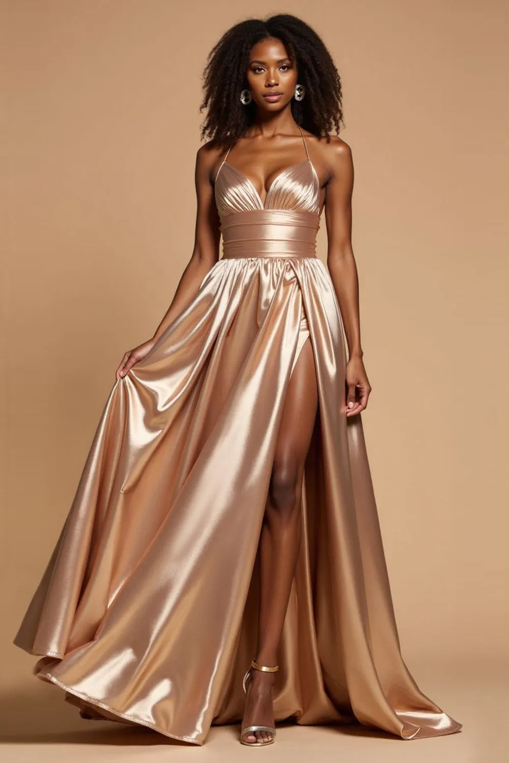 Golden A-Line Spaghetti Straps Satin Pleated Long Prom Dress with Slit sold by Zapaka