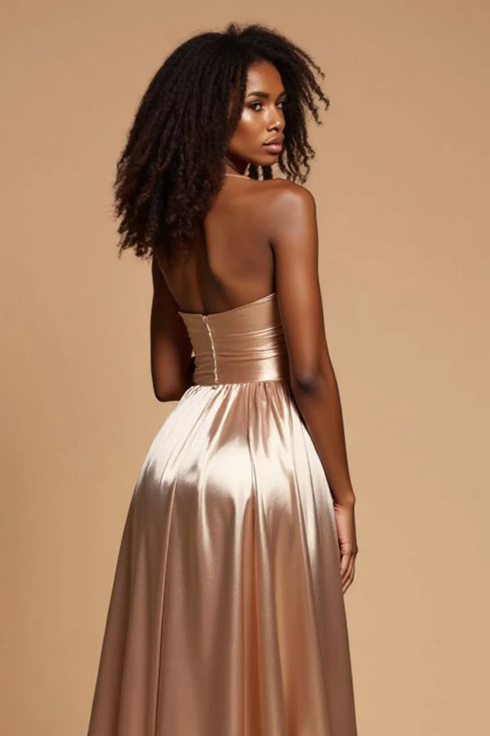 Golden A-Line Spaghetti Straps Satin Pleated Long Prom Dress with Slit sold by Zapaka product image thumbnail 5