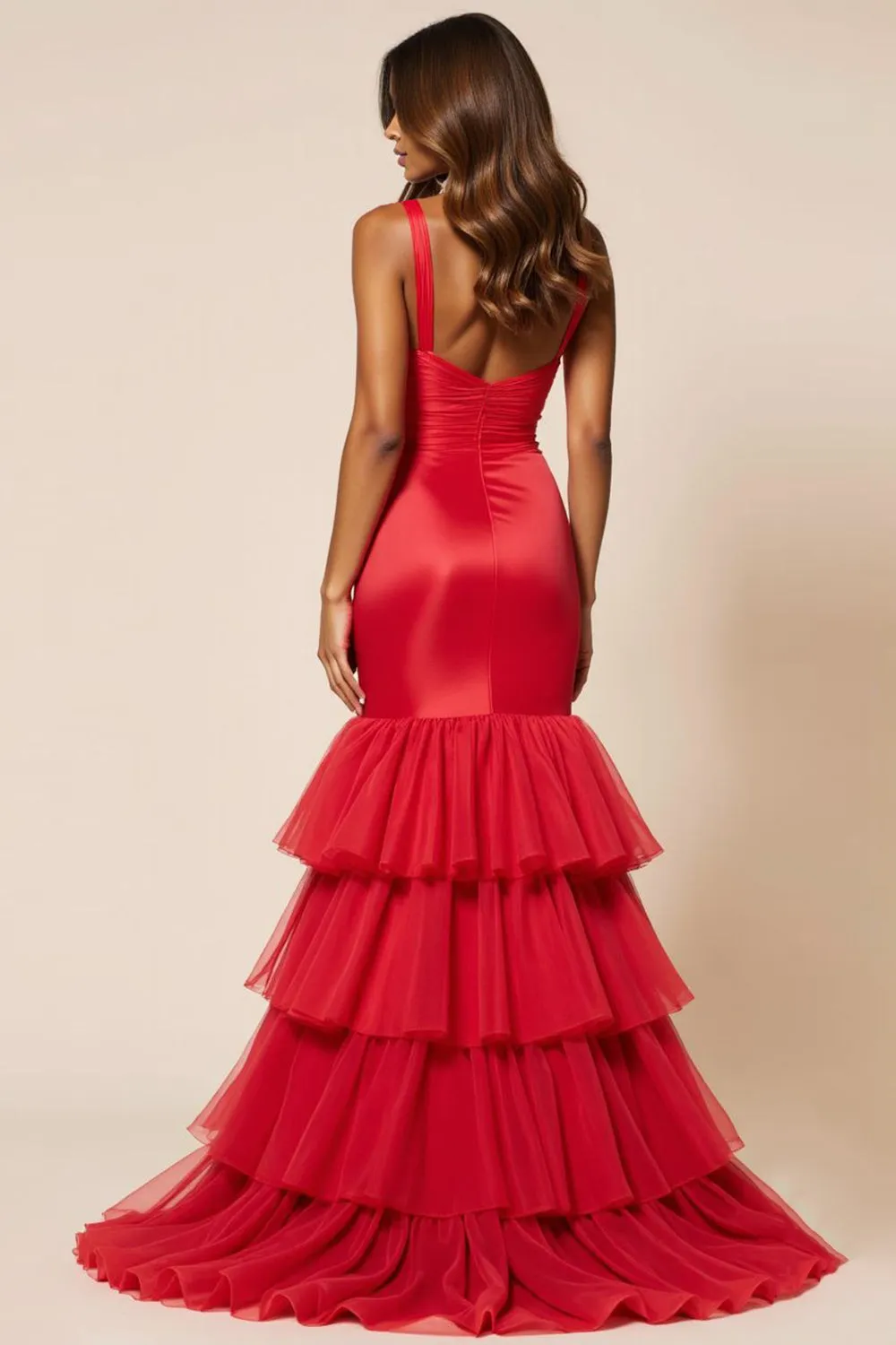 Red Mermaid Spaghetti Straps Ruffles Long Prom Dress with Slit sold by Zapaka product image thumbnail 2