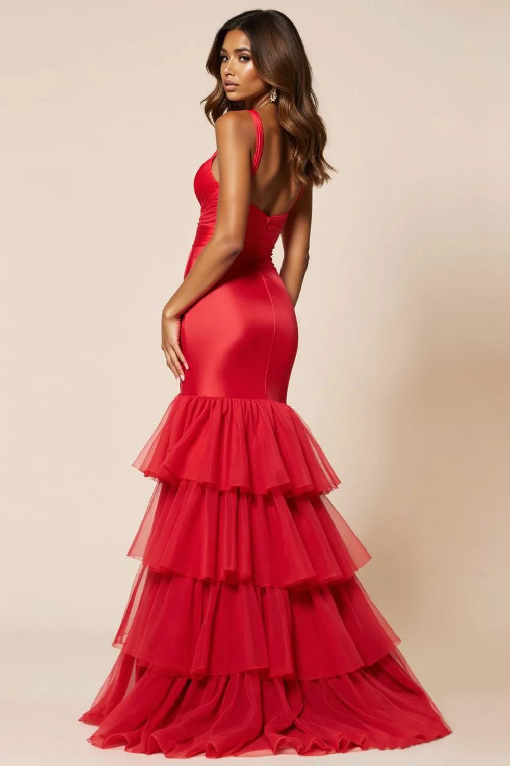 Red Mermaid Spaghetti Straps Ruffles Long Prom Dress with Slit sold by Zapaka product image thumbnail 3
