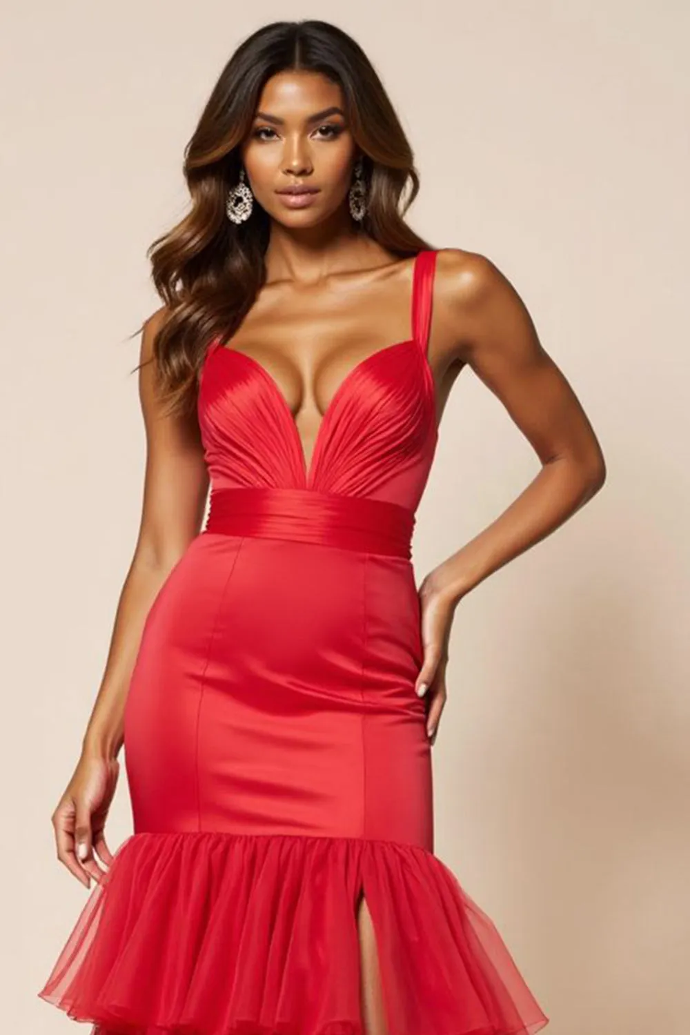 Red Mermaid Spaghetti Straps Ruffles Long Prom Dress with Slit sold by Zapaka product image thumbnail 4