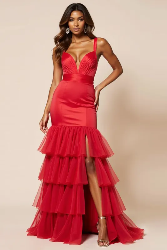 Red Mermaid Spaghetti Straps Ruffles Long Prom Dress with Slit sold by Zapaka