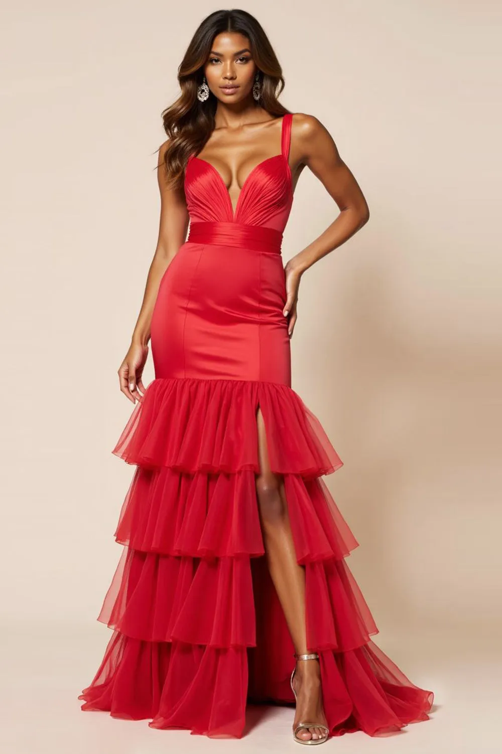 Red Mermaid Spaghetti Straps Ruffles Long Prom Dress with Slit sold by Zapaka