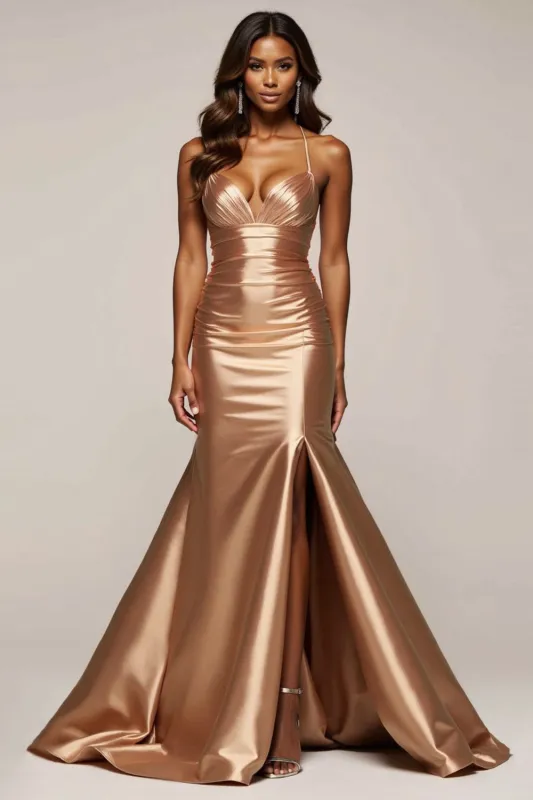 Golden Mermaid Spaghetti Straps Ruched Satin Long Prom Dress with Slit made by Zapaka