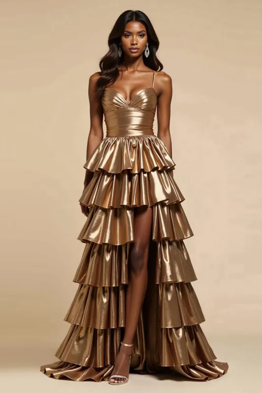 Metallic Gold A-Line Spaghetti Straps Ruffles Long Prom Dress with Slit sold by Zapaka