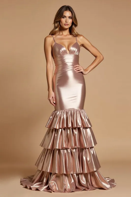 Metallic Rose Gold Mermaid Spaghetti Straps Ruffles Long Prom Dress sold by Zapaka