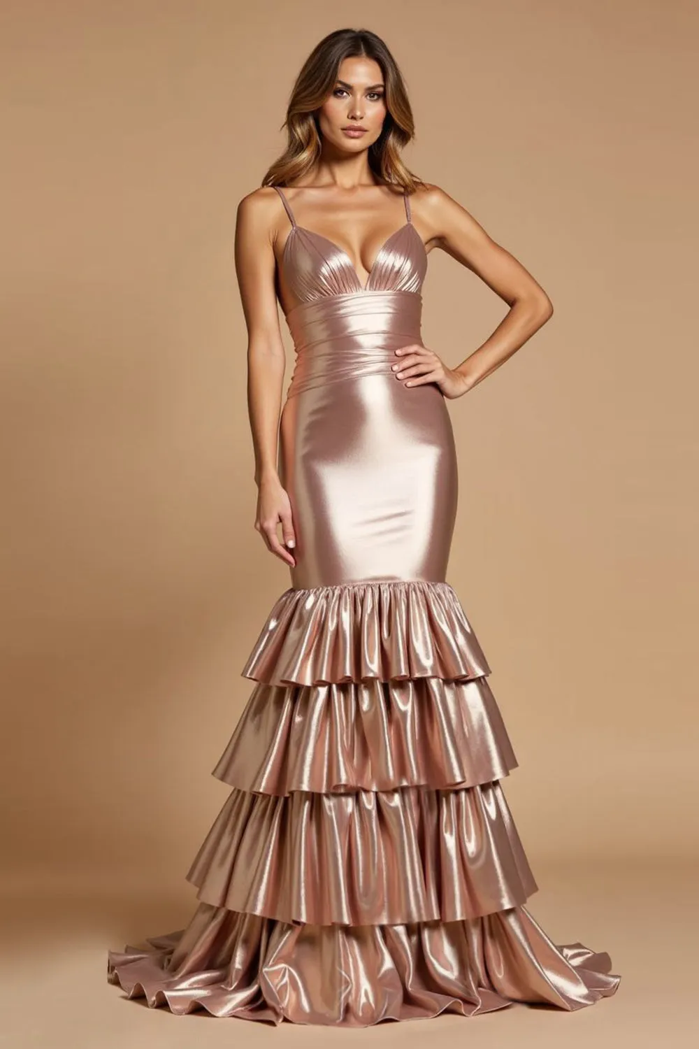 Metallic Rose Gold Mermaid Spaghetti Straps Ruffles Long Prom Dress sold by Zapaka