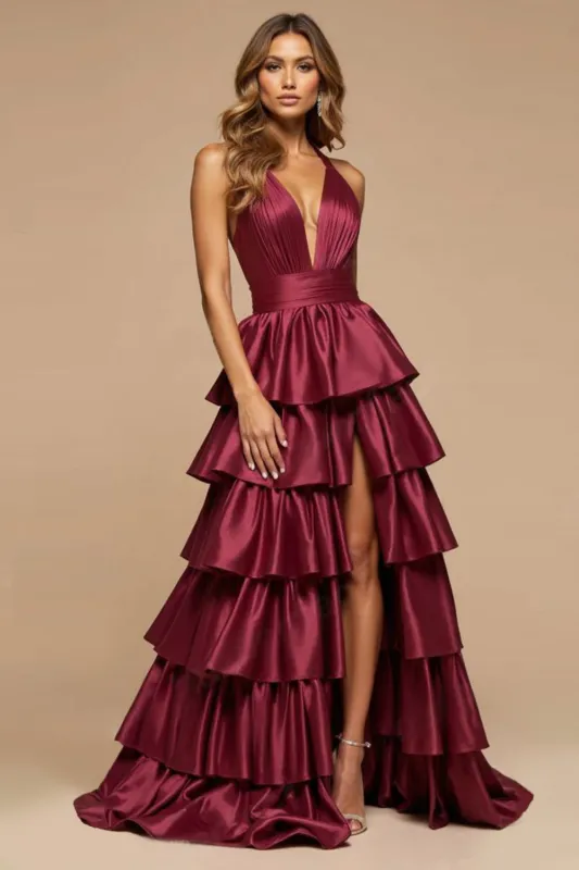 Burgundy A-Line Deep V Neck Ruffles Satin Long Prom Dress with Slit sold by Zapaka