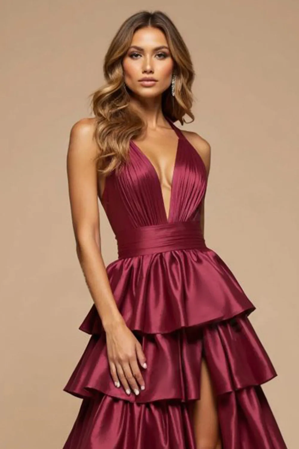 Burgundy A-Line Deep V Neck Ruffles Satin Long Prom Dress with Slit sold by Zapaka product image thumbnail 5