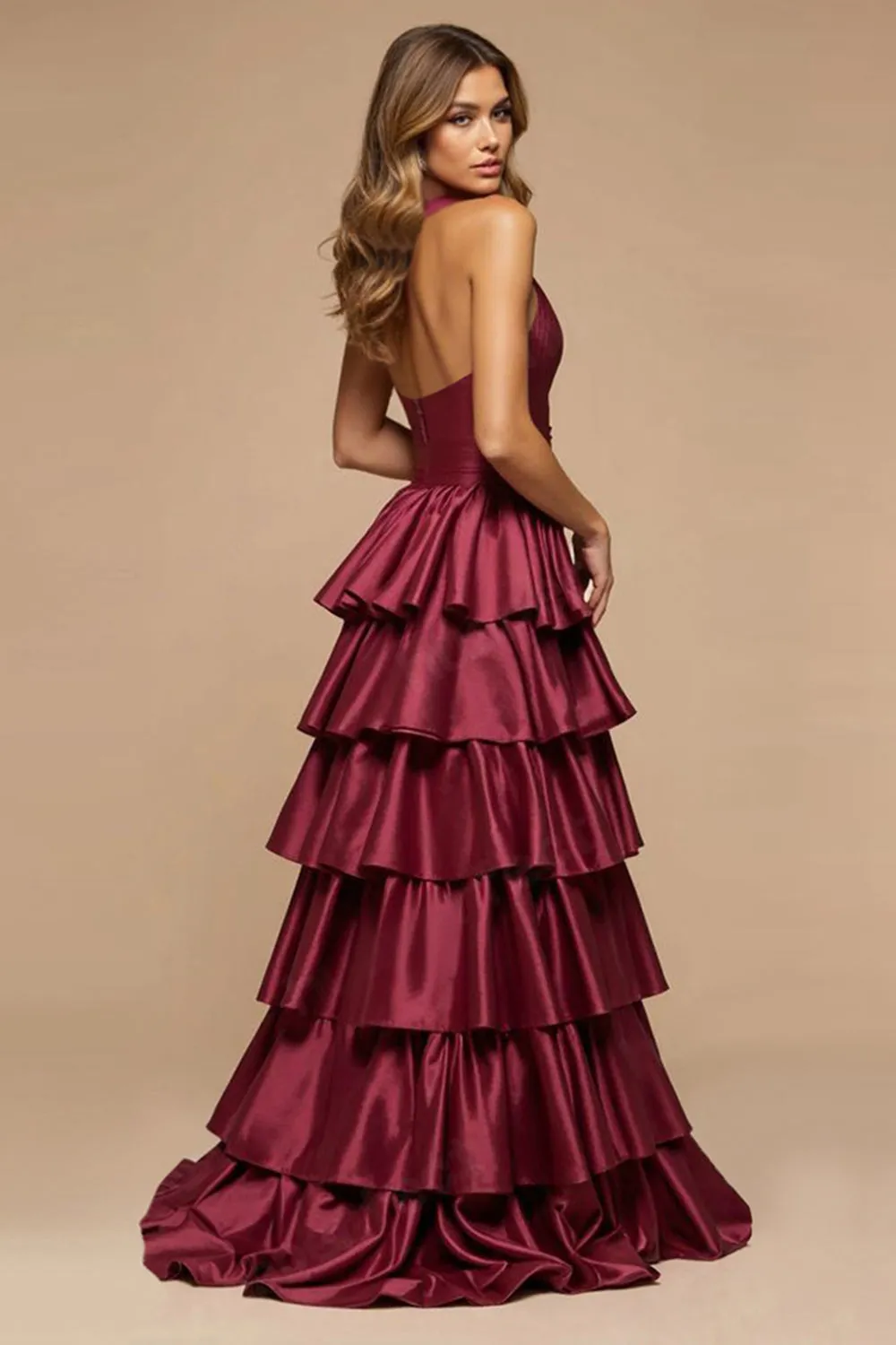 Burgundy A-Line Deep V Neck Ruffles Satin Long Prom Dress with Slit sold by Zapaka product image thumbnail 2