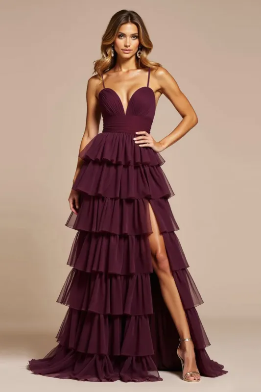 Purple A-Line Spaghetti Straps Ruffles Tulle Long Prom Dress with Slit sold by Zapaka