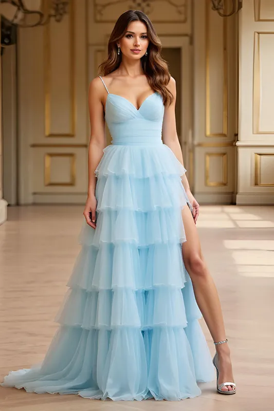 Sky Blue Tulle Tiered Spaghetti Straps A Line Prom Dress sold by Zapaka