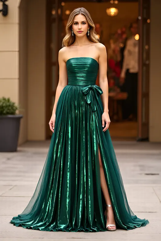 Glitter Dark Green A Line Strapless Ruched Prom Dress with Slit sold by Zapaka