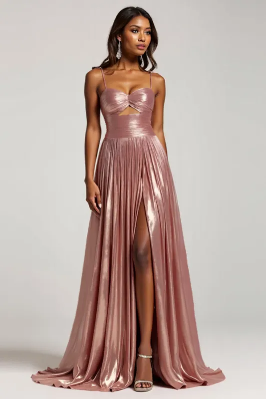 Glitter Dusty Rose A Line Cut Out Spaghetti Straps Prom Dress sold by Zapaka