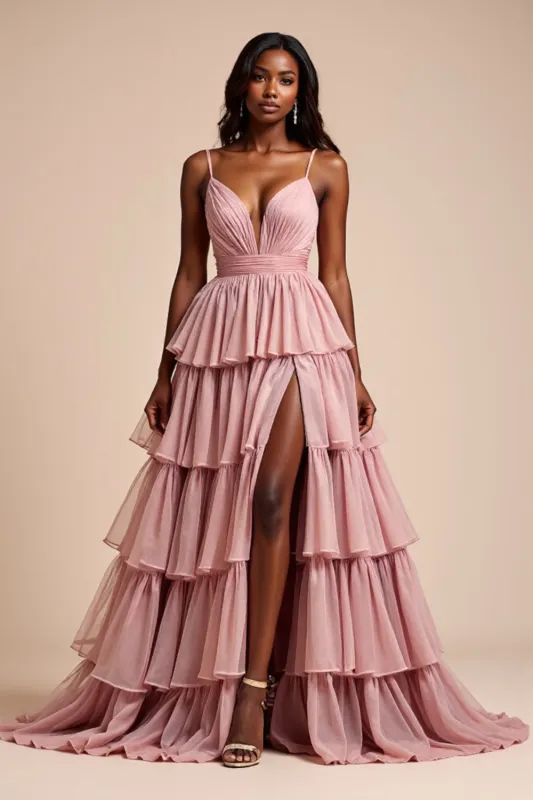 Dusty Rose A Line Spaghetti Straps Ruffles Tiered Prom Dress sold by Zapaka