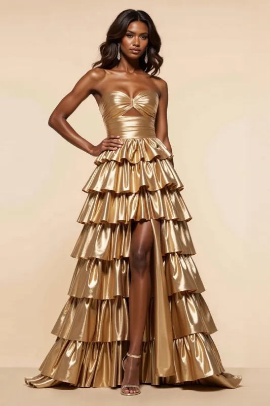 Golden A-Line Strapless Ruched Ruffles Ball Gown with Slit sold by Zapaka