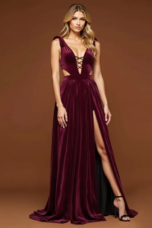 Dark Purple A-Line Deep V Neck Long Prom Dress with Slit sold by Zapaka