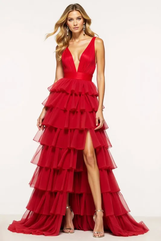 Red A-Line Deep V Neck Ruffles Tulle Long Prom Dress with Slit sold by Zapaka