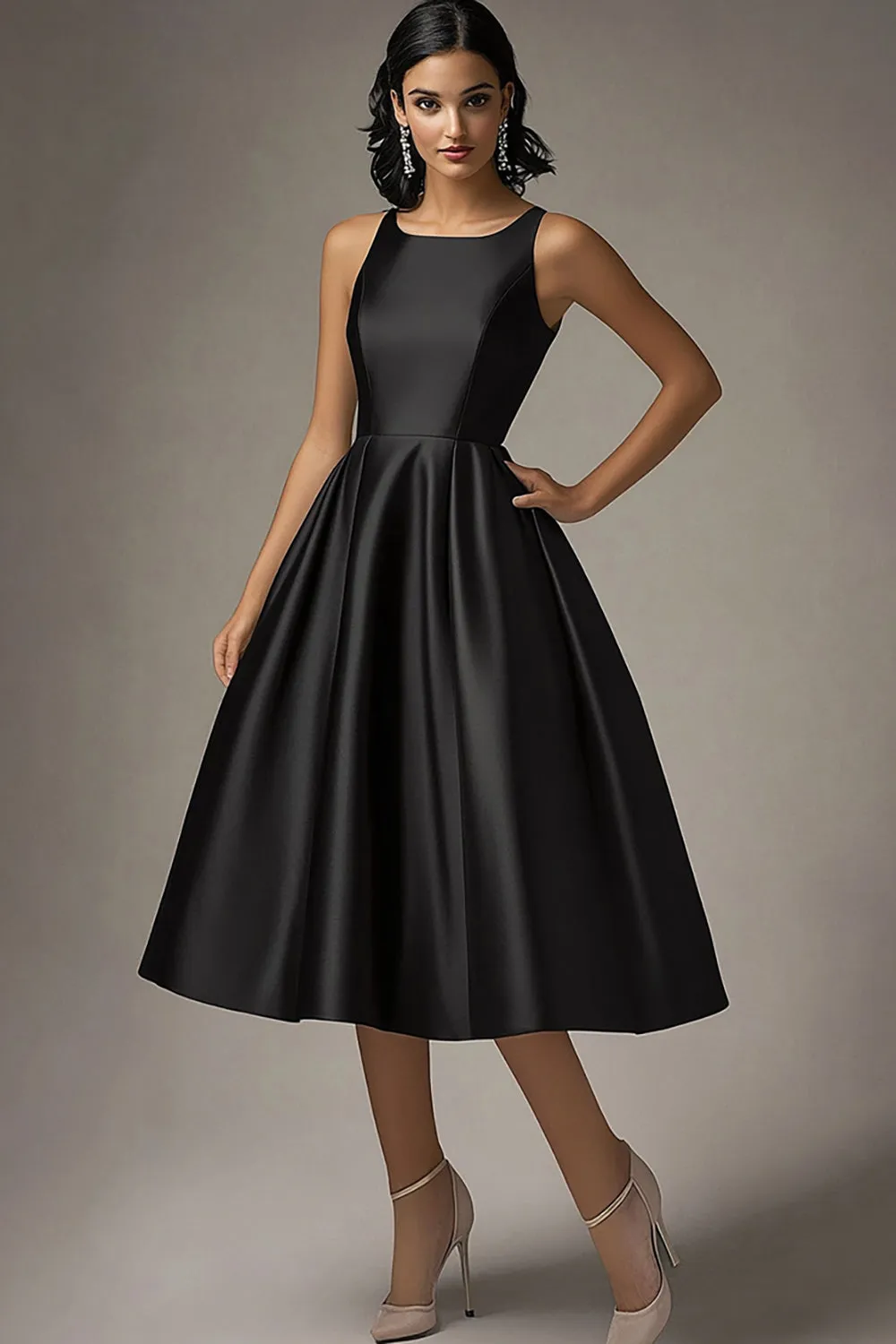 Black A Line Satin Ruched Midi Formal Dress sold by Zapaka