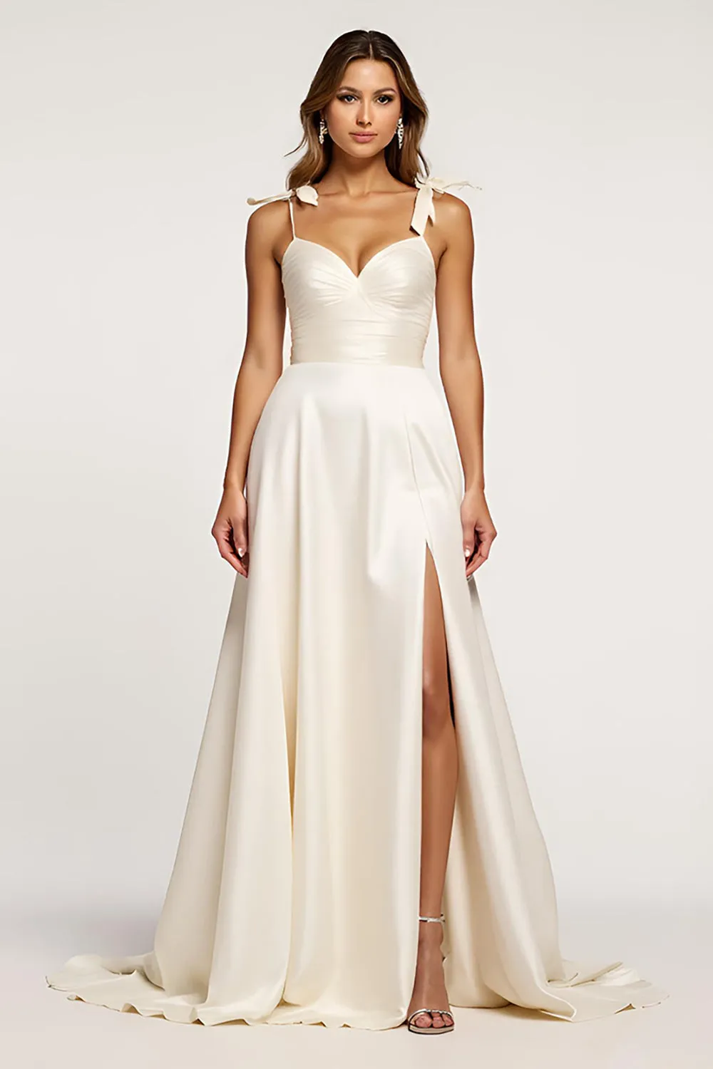 A Line White Spaghetti Straps Satin Formal Dress with Slit sold by Zapaka