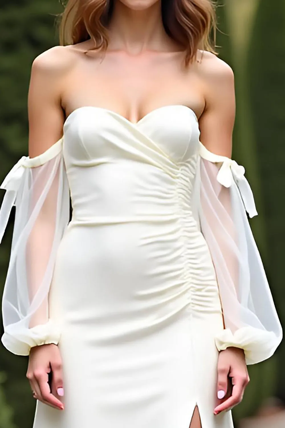 Sheath White Off The Shoulder Crepe Long Wedding Dress sold by Zapaka product image thumbnail 3