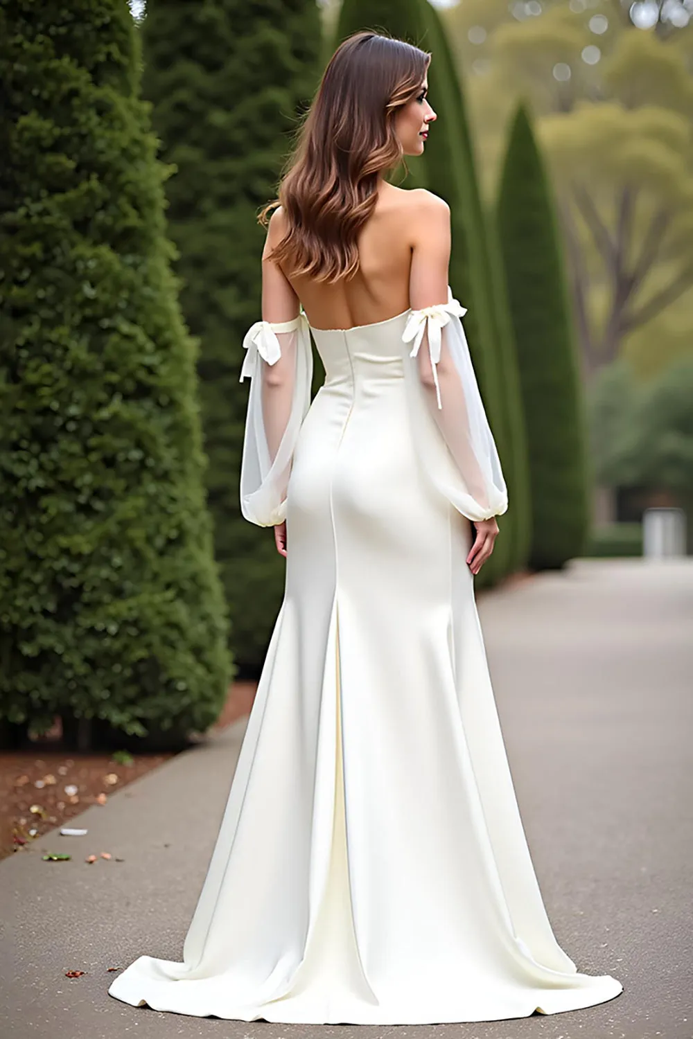 Sheath White Off The Shoulder Crepe Long Wedding Dress sold by Zapaka product image thumbnail 2