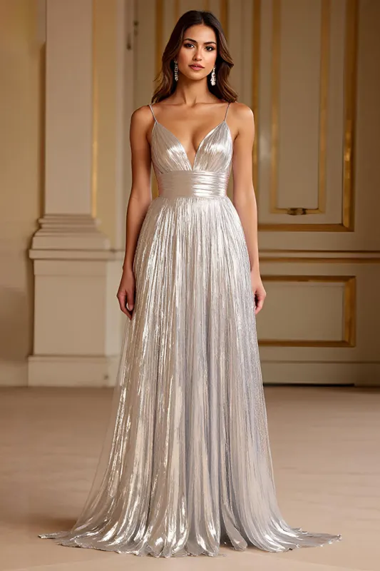 Glitter Silver Spaghetti Straps A Line Long Formal Dress sold by Zapaka