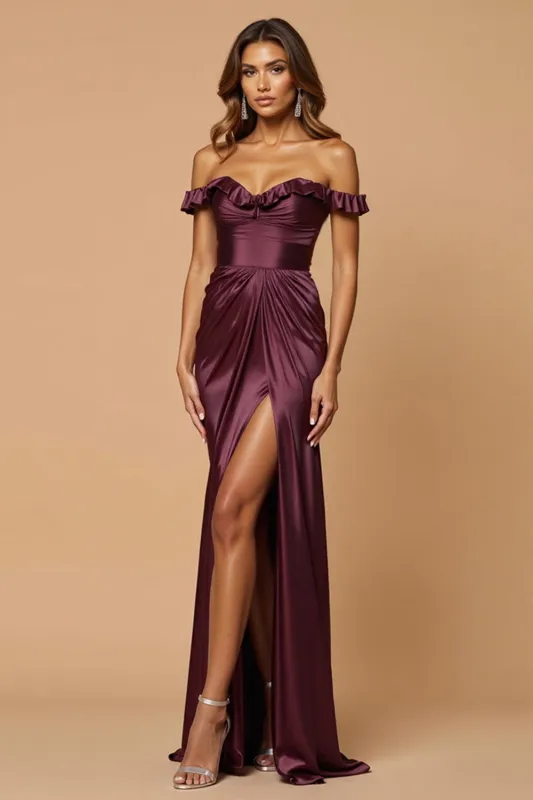Purple Off The Shoulder Sheath Long Formal Dress with Slit sold by Zapaka