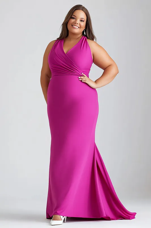 Mermaid Fuchsia Halter Pleated Plus Long Formal Dress sold by Zapaka