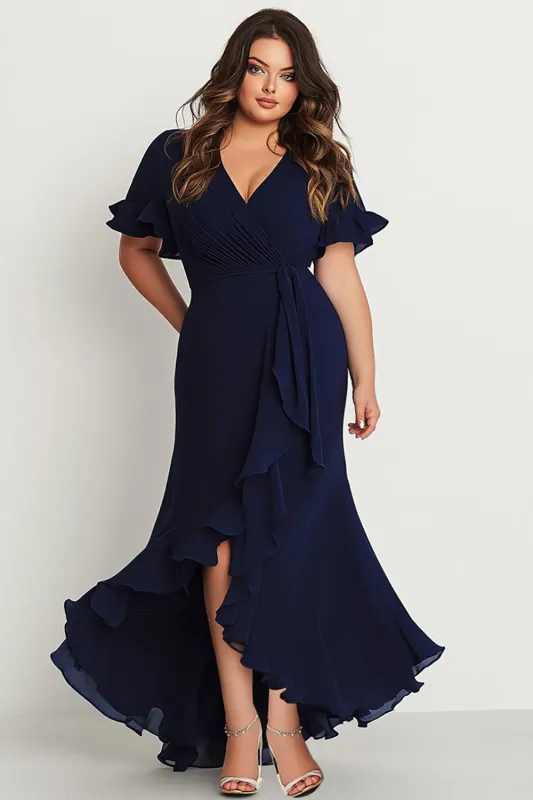 Mermaid Navy Short Sleeves Pleated Plus Long Formal Dress sold by Zapaka