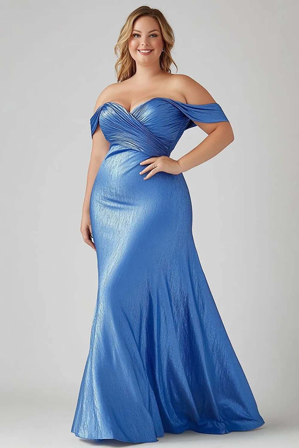 Mermaid Blue Off The Shoulder Ruched Plus Long Formal Dress sold by Zapaka