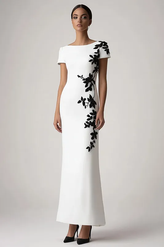 White Boat Neck Sheath Appliqued Crepe Long Formal Dress sold by Zapaka