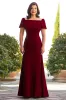 Burgundy Sheath Square Neck Long Mother of the Bride Dress with Sleeves sold by Zapaka