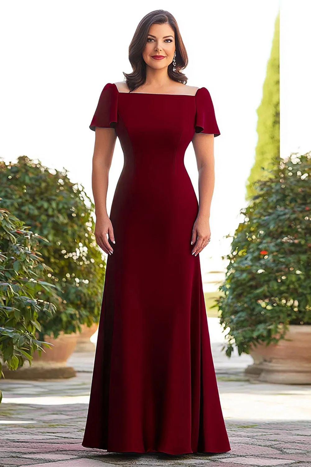 Burgundy Sheath Square Neck Long Mother of the Bride Dress with Sleeves sold by Zapaka