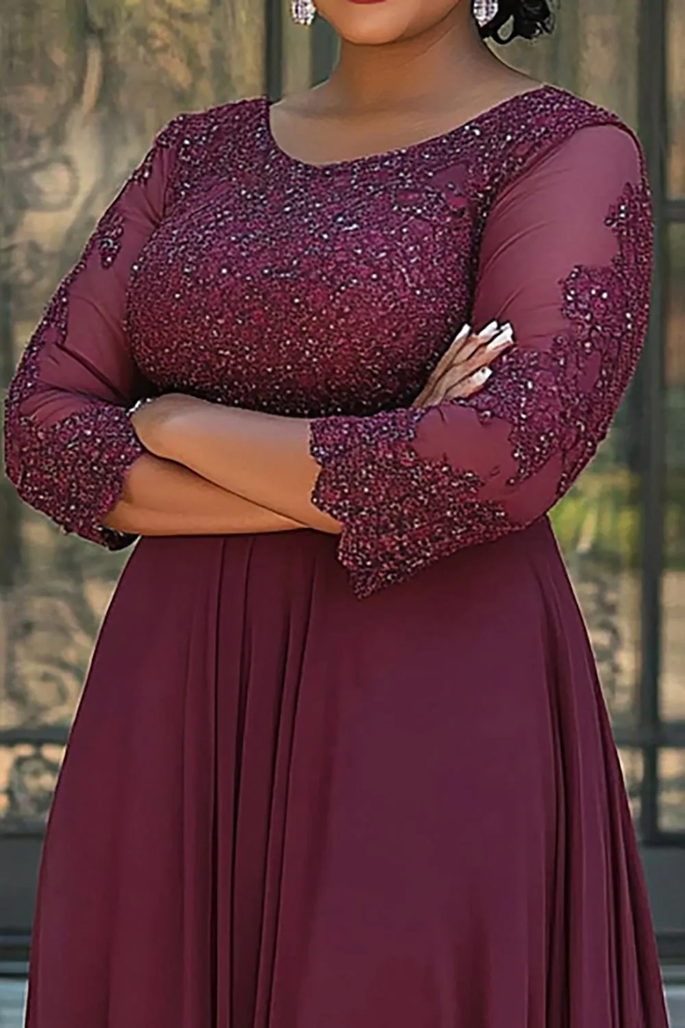 Sparkly Burgundy A-Line Scoop Chiffon Long Sleeves Mother of the Bride Dress with Beading sold by Zapaka product image thumbnail 2