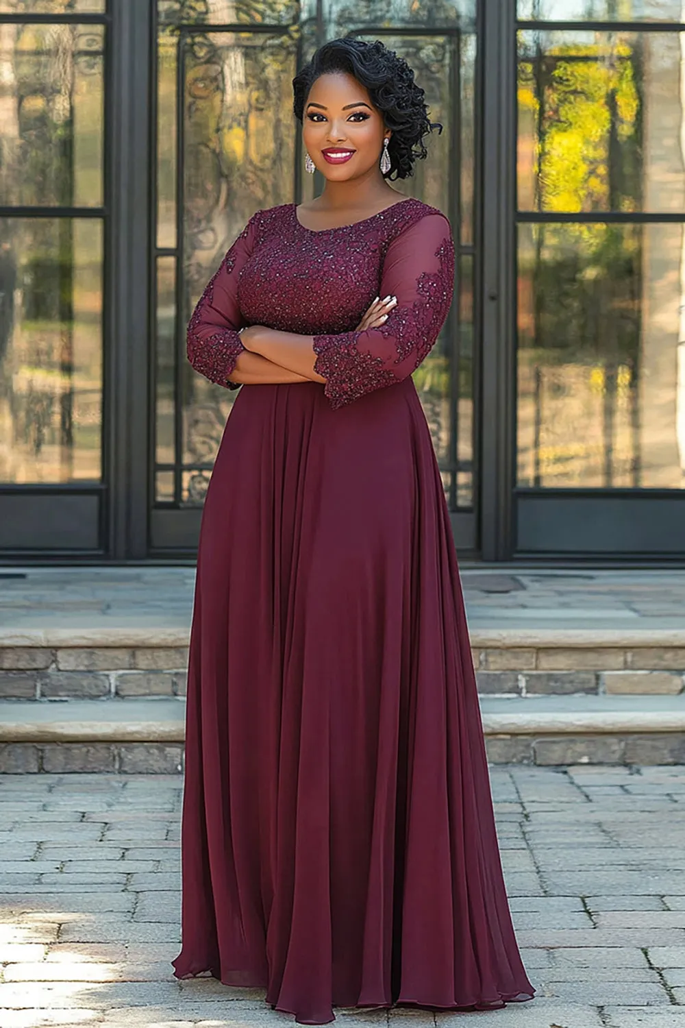 Sparkly Burgundy A-Line Scoop Chiffon Long Sleeves Mother of the Bride Dress with Beading sold by Zapaka