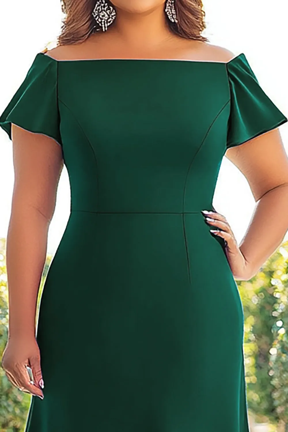 Dark Green Sheath Off the Shoulder Satin Mother of the Bride Dress with Sleeves sold by Zapaka product image thumbnail 2